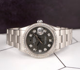 Rolex Date 34mm Ladies 1.5ct Prong Grey Motif Diamond Dial Steel Watch 15000